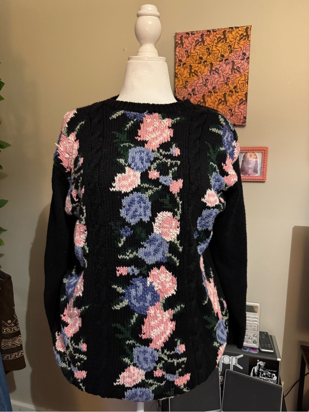 Black Floral Cable-Knit Sweater with Pink and Blue Roses